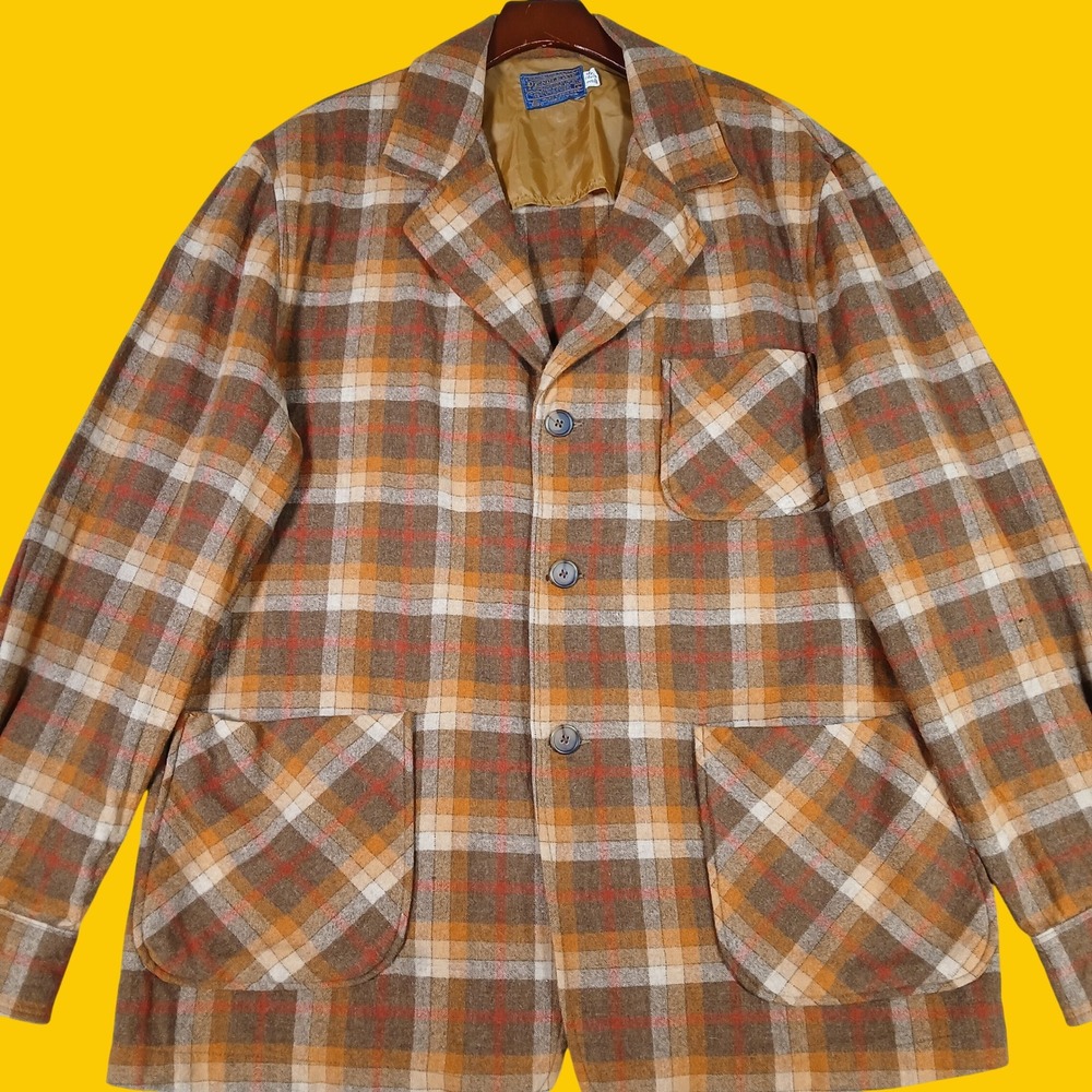 Vintage Pendleton Chore Coat Shaket Mens L Plaid Orange Brown Wool USA Made